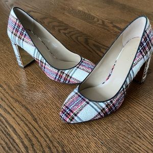 Size 7 plaid pumps with mirror lined heels